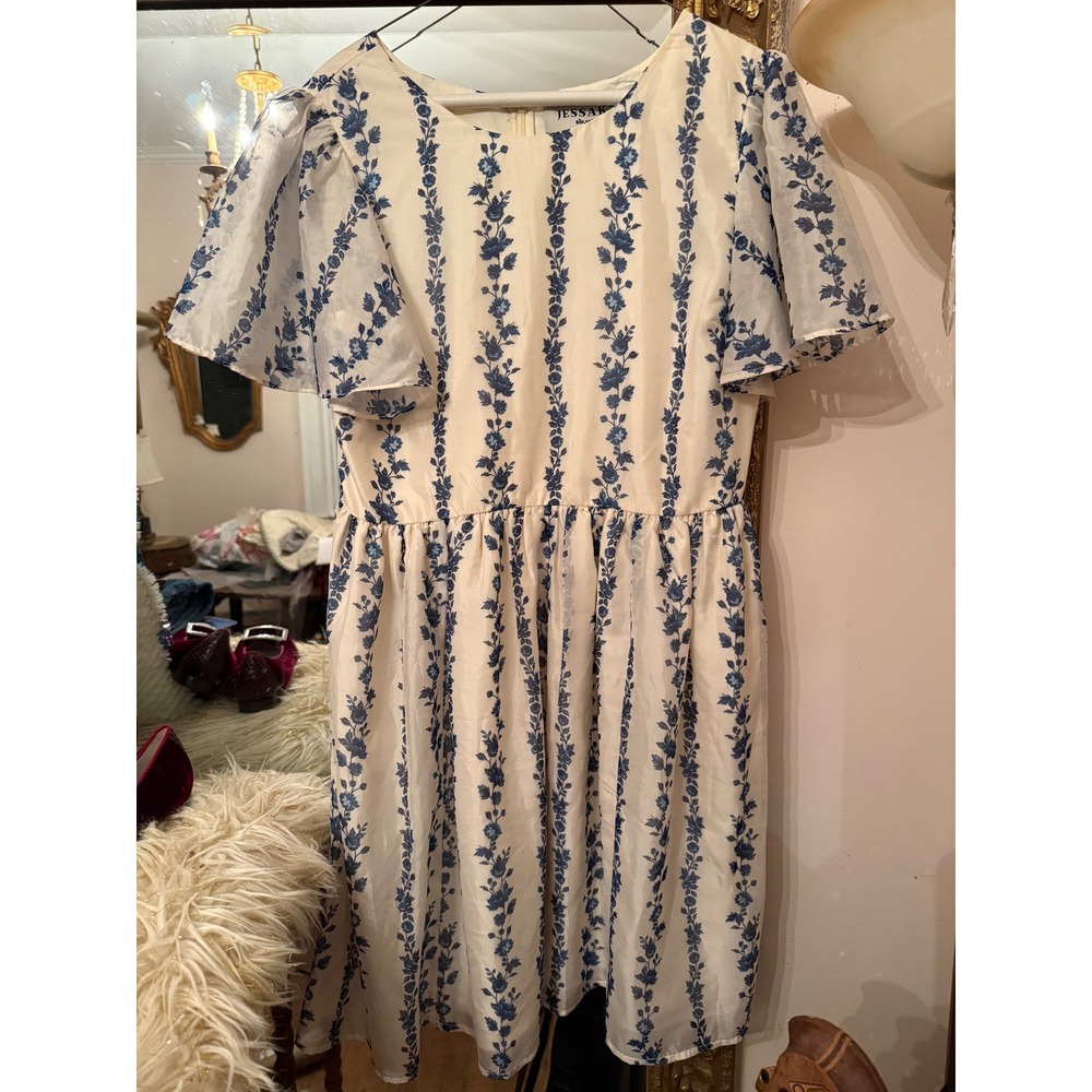 JessaKae The Fox Gown White Blue Floral Stripe Flutter Sleeve Midi Dress Size M